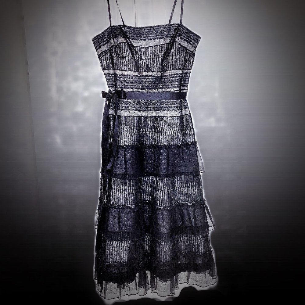 BCBGMaxAzria Black Tiered Lace Midi Dress